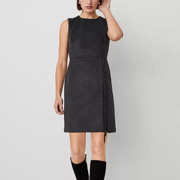 Ann Taylor Grey Fringe Sleeveless Sheath Dress Soft Fitted Wool Size 8P Women's - Picture 1 of 13